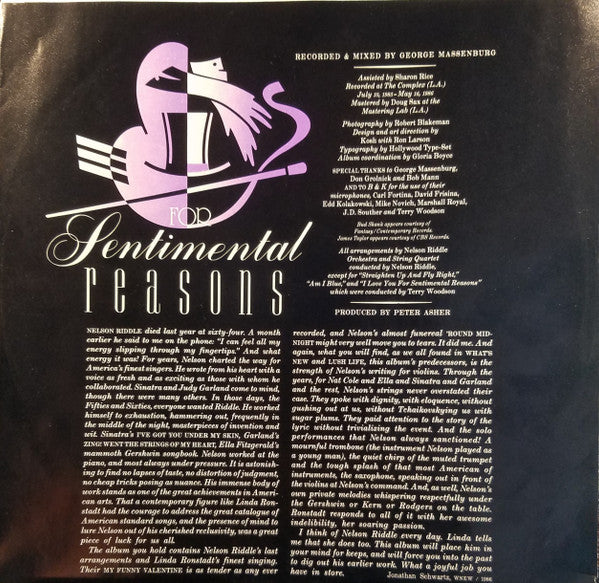 Linda Ronstadt With Nelson Riddle & His Orchestra* - For Sentimental Reasons - LP
