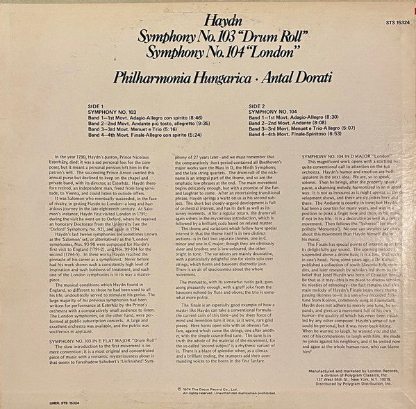 Haydn* - Antal Dorati, Philharmonia Hungarica - Symphony No. 103 ("Drum Roll") • Symphony No. 104 ("London") - LP