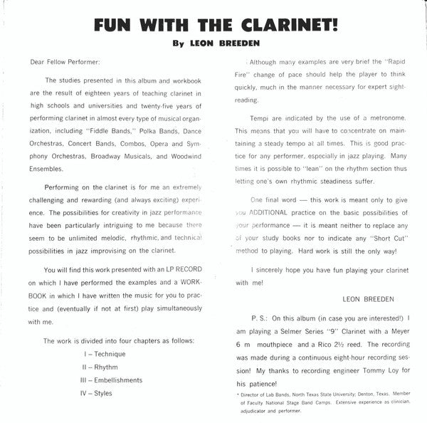 Leon Breeden - Fun With The Clarinet (An Audio-Visual Adventure In Jazz Music Education) - LP