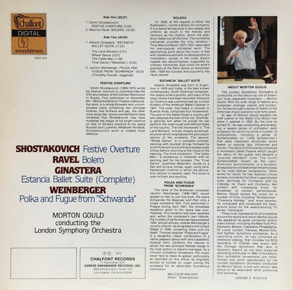 Shostakovich* / Ravel* / Ginastera* / Weinberger* - Morton Gould, London Symphony Orchestra - Festive Overture / Bolero / Estancia Ballet Suite (Complete) / Polka And Fugue From "Schwanda" - LP