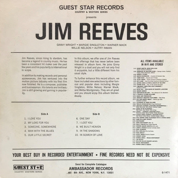 Jim Reeves And Ginny Wright, Margie Singleton, Warner Mack, Willie Nelson, Autry Inman - I Love You - LP