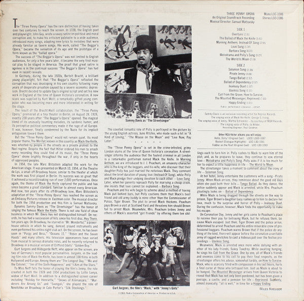 Bertolt Brecht / Kurt Weill / Sammy Davis Jr. - Three Penny Opera (An Original Soundtrack Recording) - LP