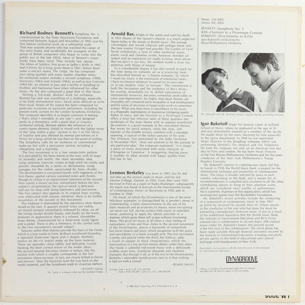 Richard Rodney Bennett / Arnold Bax / Lennox Berkeley - Igor Buketoff Conducting The Royal Philharmonic Orchestra - Symphony No. 1 / Overture To A Picaresque Comedy / Divertimento - LP