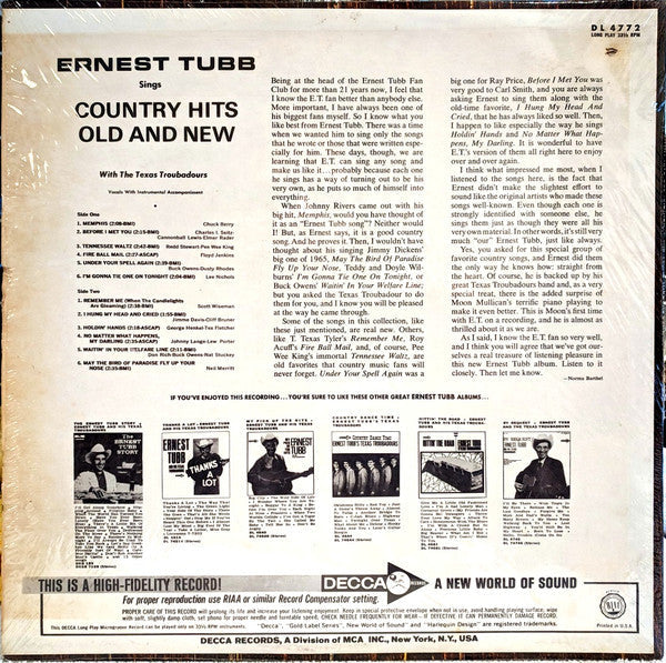Ernest Tubb, The Texas Troubadours - Ernest Tubb Sings Country Hits Old & New With The Texas Troubadours - LP
