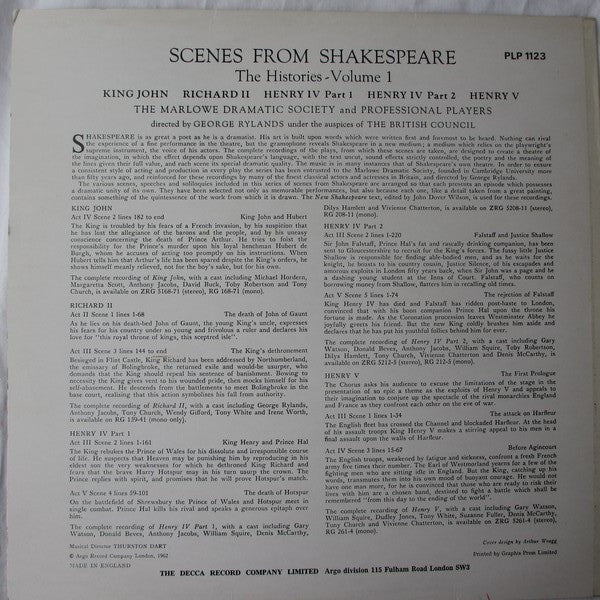 The Marlowe Dramatic Society And Professional Players - Scenes From Shakespeare: The Histories- Volume I - LP