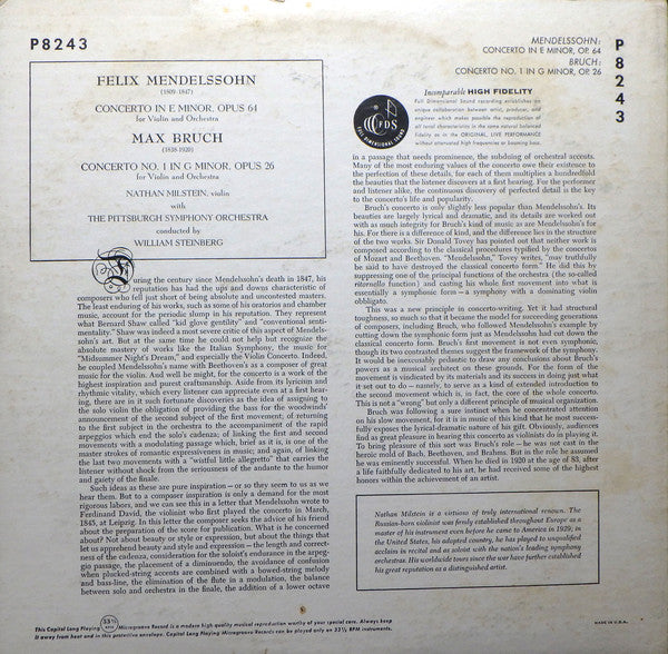 Mendelssohn* - Bruch* - Nathan Milstein, The Pittsburgh Symphony Orchestra*, William Steinberg - Concerto In E Minor Op. 64 / Concerto No.1 In G Minor, Op. 26 - LP