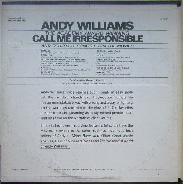 Andy Williams - The Academy Award Winning Call Me Irresponsible And Other Hit Songs From The Movies - LP