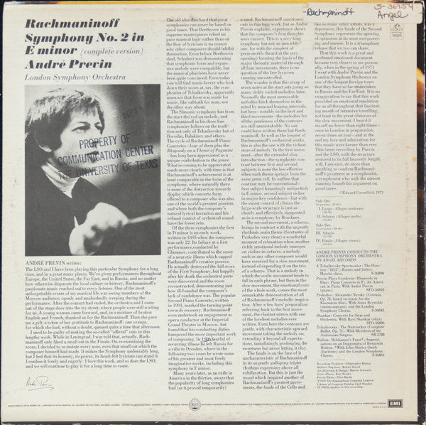 André Previn, London Symphony Orchestra, Rachmaninoff* - Symphony No. 2 In E Minor Op. 27 (Complete Version) - LP