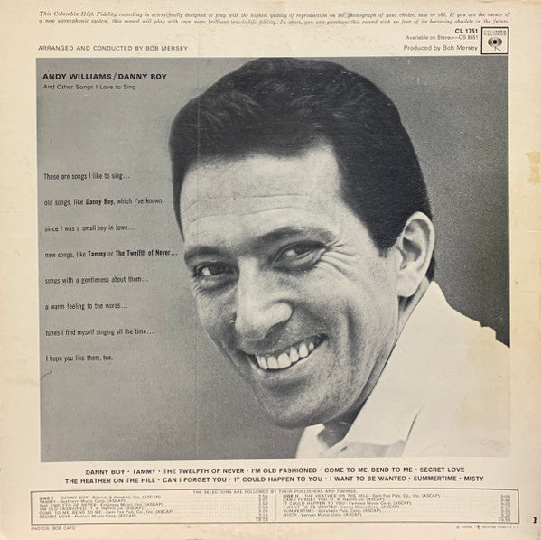 Andy Williams - "Danny Boy" And Other Songs I Love To Sing - LP