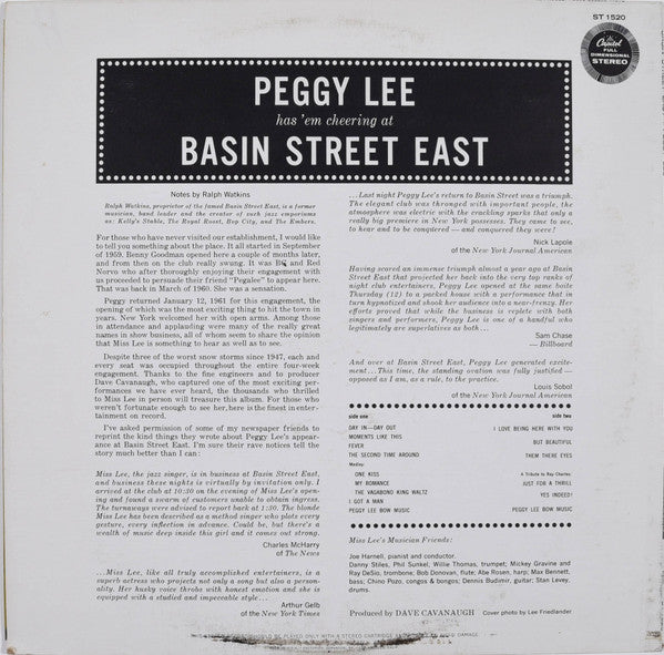 Miss Peggy Lee* - Basin Street East Proudly Presents Miss Peggy Lee Recorded At The Fabulous New York Club - LP