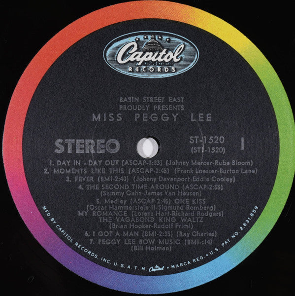 Miss Peggy Lee* - Basin Street East Proudly Presents Miss Peggy Lee Recorded At The Fabulous New York Club - LP