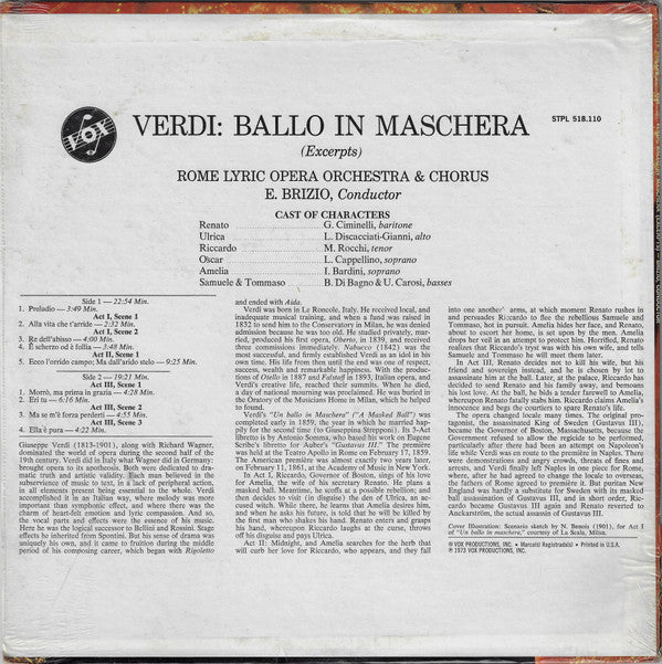 Verdi*, Bardini*, Discacciati-Gianni*, Cappellino*, Rocchi*, Ciminelli*, Di Bagno*, Carosi*, Rome Lyric Opera Orchestra* & Chorus*, E. Brizio* - Ballo In Maschera (Excerpts) - LP