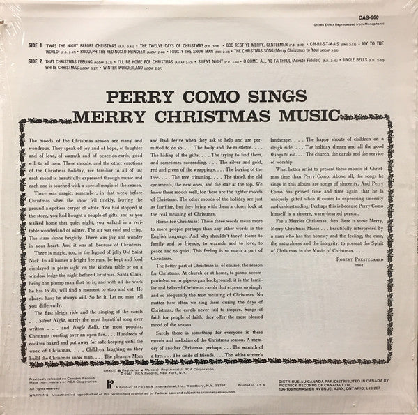 Perry Como - Perry Como Sings Merry Christmas Music - LP