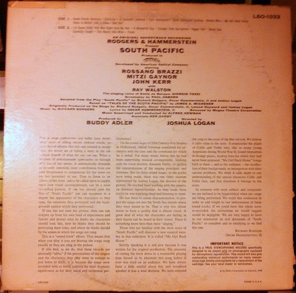 Rodgers & Hammerstein - RCA Victor Presents Rodgers & Hammerstein's South Pacific (An Original Soundtrack Recording) - LP