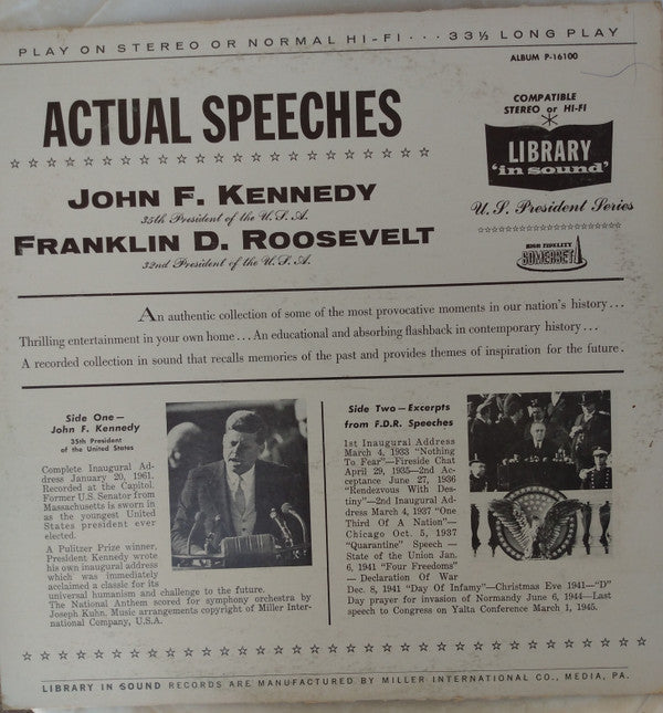 Franklin D. Roosevelt / John F. Kennedy - Actual Speeches Of Franklin D. Roosevelt And John F. Kennedy - LP