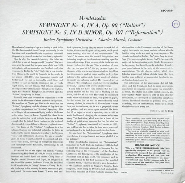 Mendelssohn* / Charles Munch, Boston Symphony Orchestra - Italian And Reformation Symphonies - LP