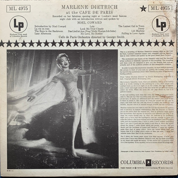 Marlene Dietrich - Marlene Dietrich At The Cafe De Paris - LP
