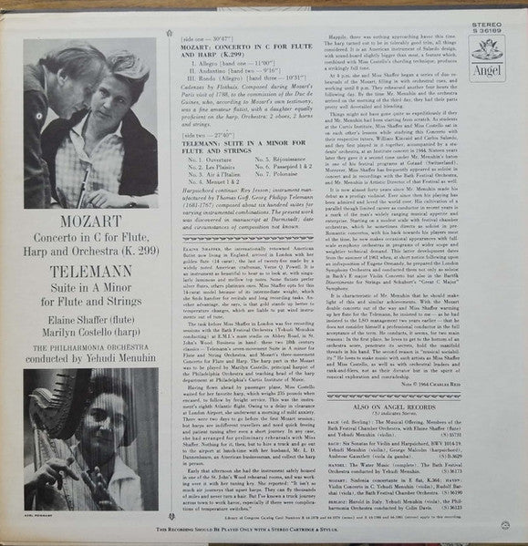 Yehudi Menuhin, The Philharmonia Orchestra*, Elaine Shaffer, Marilyn Costello, Wolfgang Amadeus Mozart - Mozart: Flute & Harp Concerto / Telemann: Suite For Flute & Strings - LP