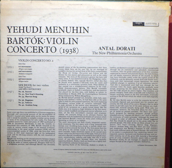 Yehudi Menuhin, Antal Dorati, New Philharmonia Orchestra, Neil Gotkovsky - Bartok Violin Concerto No. 2 & Six Duos for Two Violins - LP