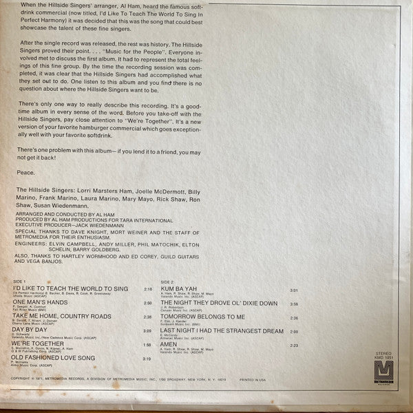 The Hillside Singers - I'd Like To Teach The World To Sing - LP
