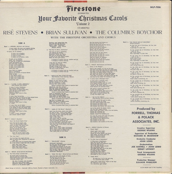 Risë Stevens, Brian Sullivan And The Columbus Boychoir With The Firestone Orchestra And Chorus - Firestone Presents Your Favorite Christmas Carols Volume 2 - LP