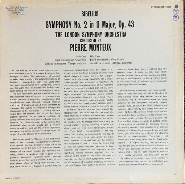 Sibelius*, The London Symphony Orchestra*, Monteux* - Symphony No. 2 In D Major, Op. 43 - LP