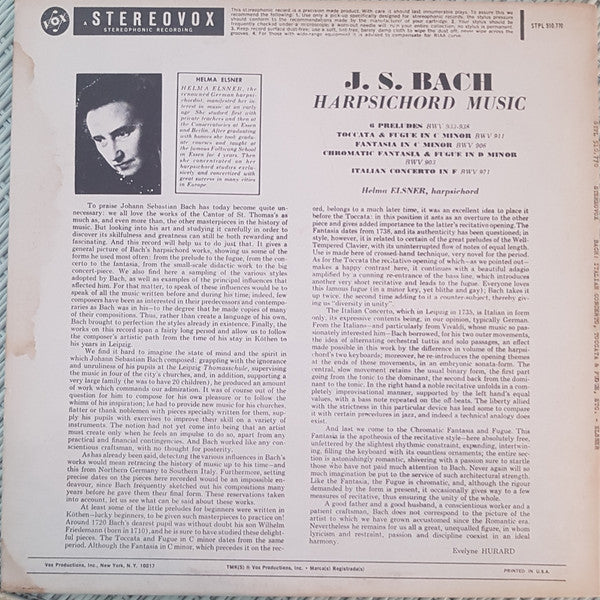 Bach*, Helma Elsner - Harpsichord Music / Œuvres Pour Clavecin - LP