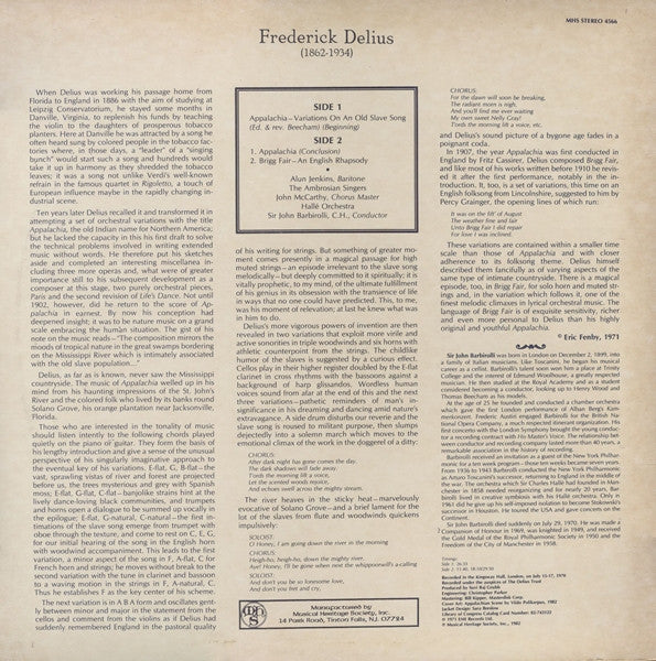 Frederick Delius - Alun Jenkins, The Ambrosian Singers, Hallé Orchestra, Sir John Barbirolli - Appalachia, Brigg Fair - LP