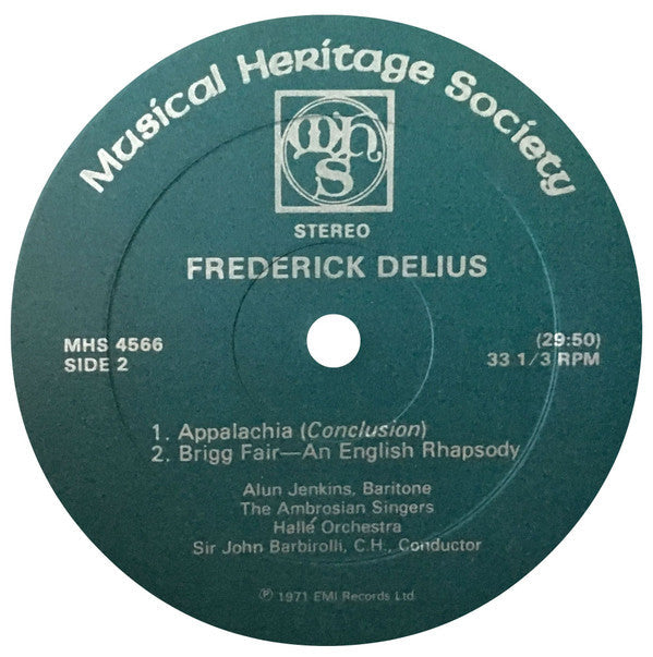 Frederick Delius - Alun Jenkins, The Ambrosian Singers, Hallé Orchestra, Sir John Barbirolli - Appalachia, Brigg Fair - LP