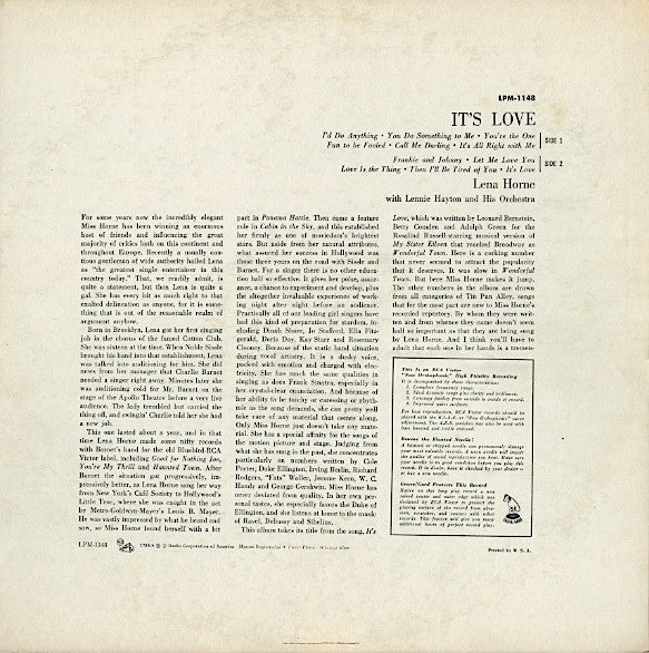 Lena Horne With Lennie Hayton And His Orchestra - It's Love - LP