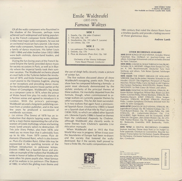 Emile Waldteufel*, Orchestra Of The Vienna Volksoper*, Franz Bauer-Theussl - Famous Waltzes (The Skaters, España, Estudiantina, And Others) - LP
