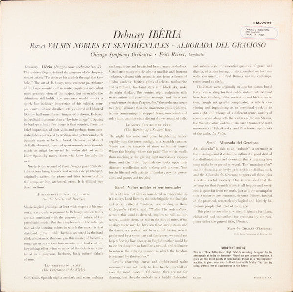 Debussy* / Ravel* - Reiner*, Chicago Symphony Orchestra - Iberia / Alborado Del Gracioso / Valses Nobles Et Sentimentales - LP