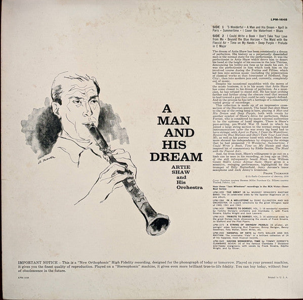 Artie Shaw And His Orchestra - A Man And His Dream - LP