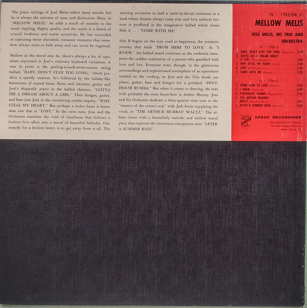 José Melis And His Orchestra - Mellow Melis - LP
