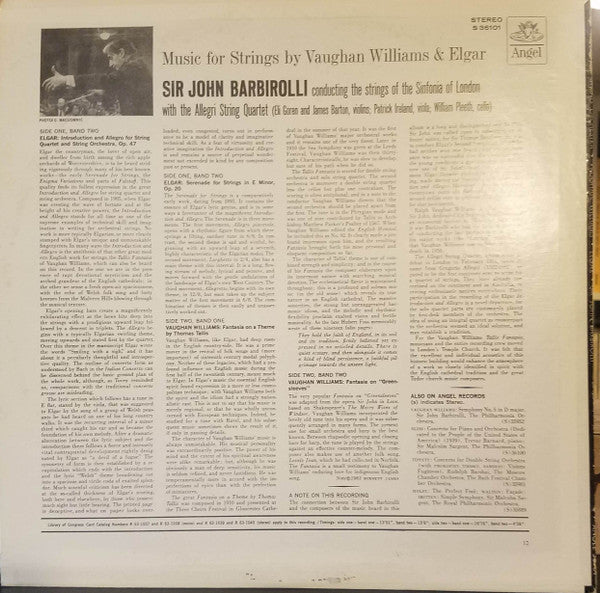 Vaughan Williams* / Elgar* - The Strings Of The Sinfonia Of London*, Allegri String Quartet*, Sir John Barbirolli - Music For String Orchestra - LP