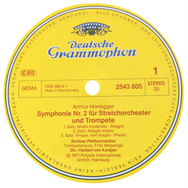 Arthur Honegger, Berliner Philharmoniker, Herbert von Karajan - Symphonie Liturgique / Symphony No. 2 - LP