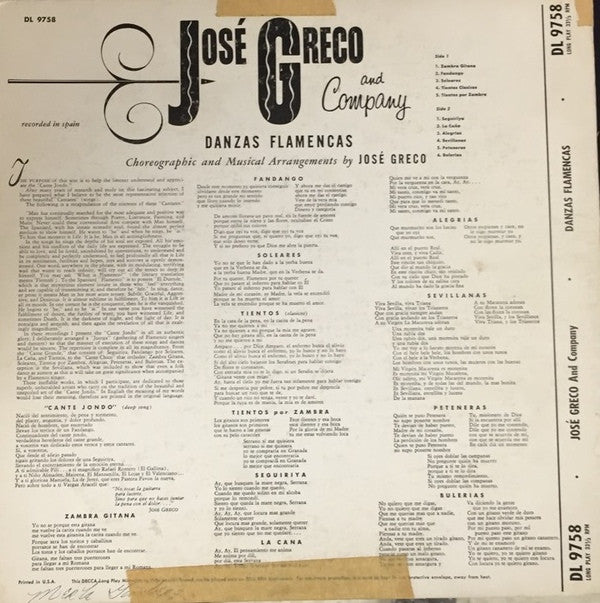José Greco And Company - Danzas Flamencas - LP