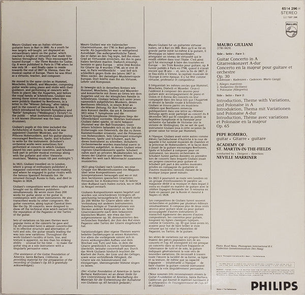 Mauro Giuliani — Pepe Romero - Academy Of St. Martin-In-The-Fields* - Neville Marriner* - Guitar Concerto In A, Introduction Variations & Polonaise - LP