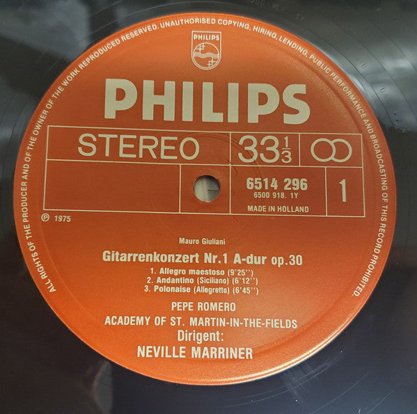 Mauro Giuliani — Pepe Romero - Academy Of St. Martin-In-The-Fields* - Neville Marriner* - Guitar Concerto In A, Introduction Variations & Polonaise - LP