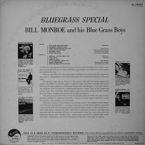 Bill Monroe And His Blue Grass Boys* - Bluegrass Special - LP