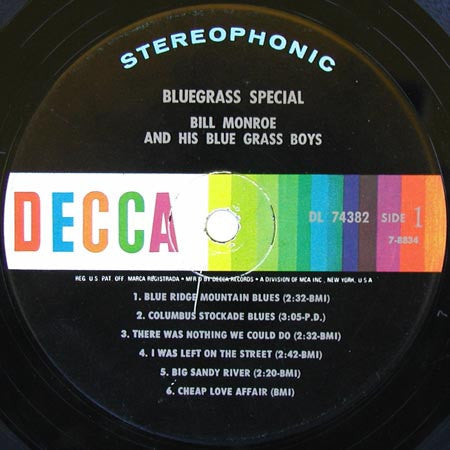 Bill Monroe And His Blue Grass Boys* - Bluegrass Special - LP