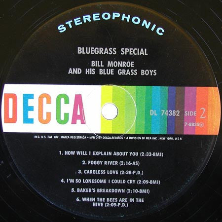 Bill Monroe And His Blue Grass Boys* - Bluegrass Special - LP