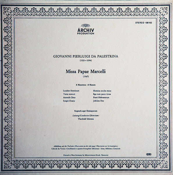 Giovanni Pierluigi da Palestrina - Regensburger Domspatzen - Theobald Schrems - Missa Papae Marcelli / 8 Motetten - LP