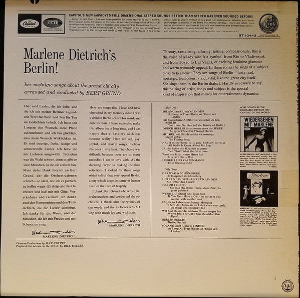 Marlene Dietrich - Marlene Dietrich's Berlin (Her Nostalgic Songs About The Grand Old City) - LP