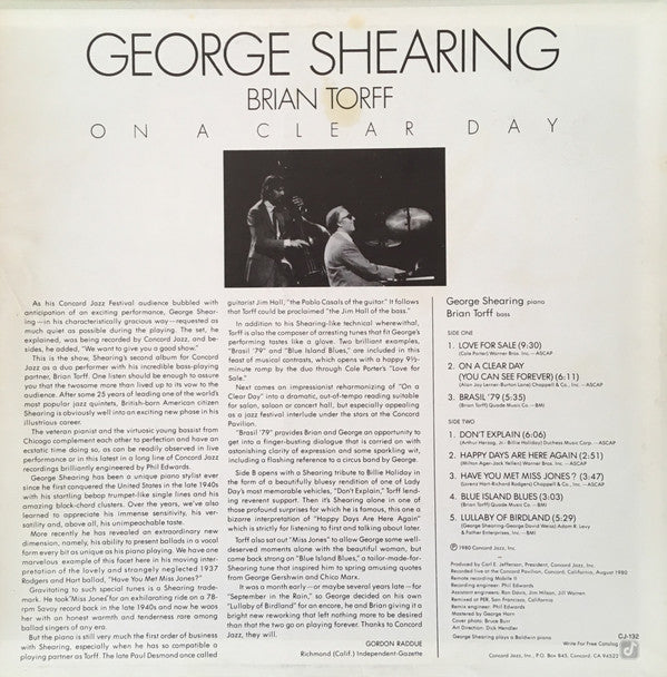 George Shearing & Brian Torff - On A Clear Day - LP
