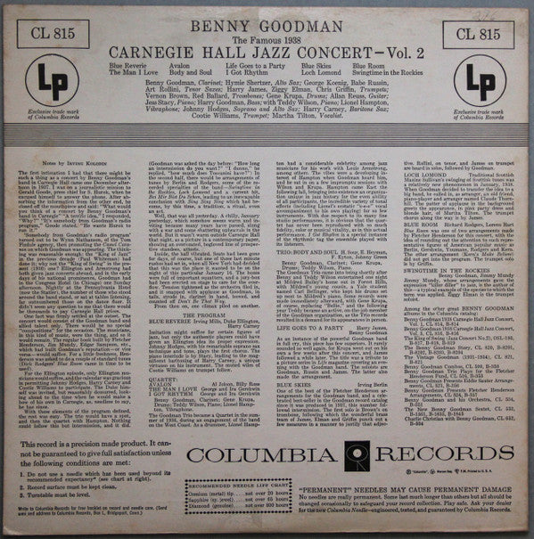 Benny Goodman - The Famous 1938 Carnegie Hall Jazz Concert - Vol. 2 - LP