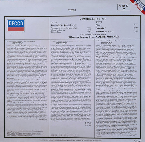 Sibelius*, Philharmonia Orchestra, Vladimir Ashkenazy, Elisabeth Söderström - Symphony No. 4 - Finlandia • Luonnotar - LP
