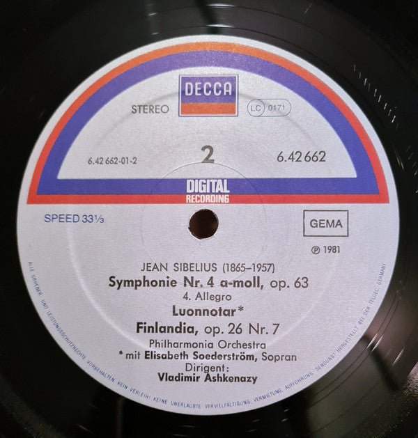 Sibelius*, Philharmonia Orchestra, Vladimir Ashkenazy, Elisabeth Söderström - Symphony No. 4 - Finlandia • Luonnotar - LP