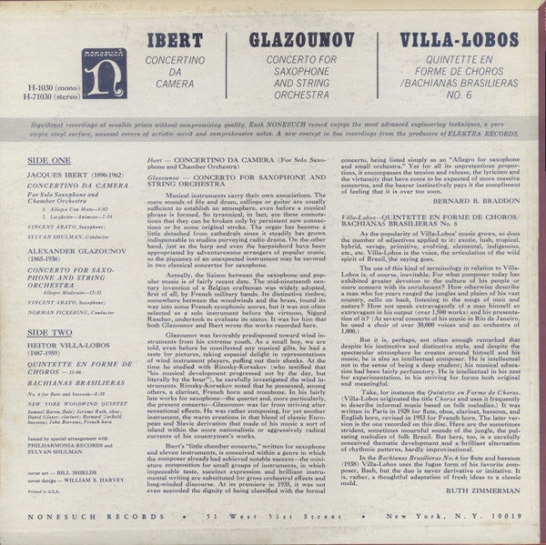 Ibert* / Glazounov* / Villa-Lobos* - Concertino Da Camera / Concerto For Saxophone And String Orchestra / Quintette En Forme De Choros / Bachianas Brasilieras No. 6 - LP