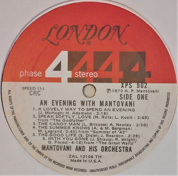 Mantovani And His Orchestra - An Evening With Mantovani - LP